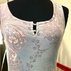 Rose Print Tank Top, Small, Rhinestone Details,